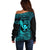 Hawaii Off Shoulder Sweater Fish Hook Tattoo Mix Polynesian Plumeria Turquoise Version LT14 - Polynesian Pride