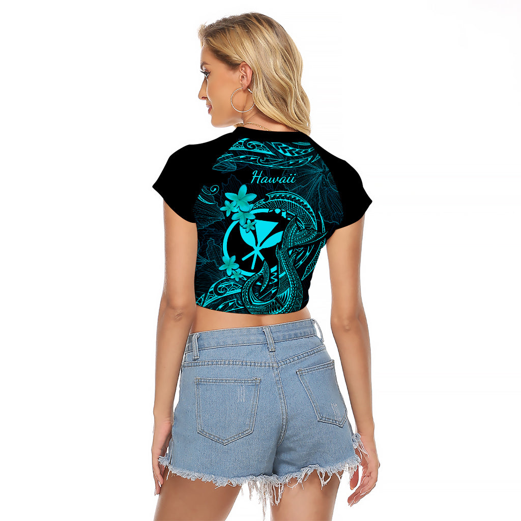 Hawaii Raglan Cropped T Shirt Fish Hook Tattoo Mix Polynesian Plumeria Turquoise Version LT14 - Polynesian Pride