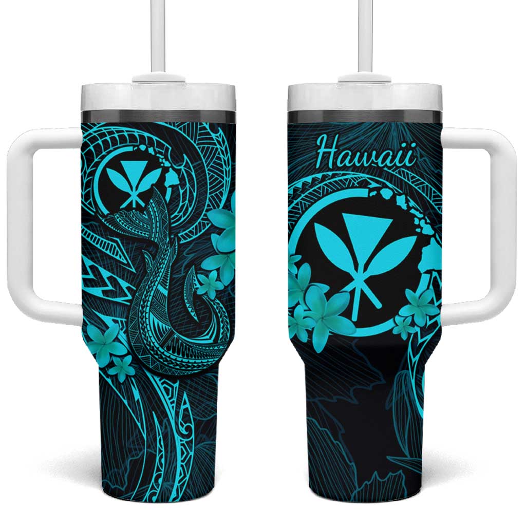 Hawaii Tumbler With Handle Fish Hook Tattoo Mix Polynesian Plumeria Turquoise Version