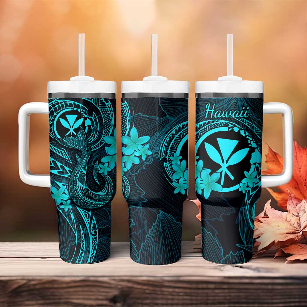 Hawaii Tumbler With Handle Fish Hook Tattoo Mix Polynesian Plumeria Turquoise Version