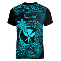Hawaii Women V Neck T Shirt Fish Hook Tattoo Mix Polynesian Plumeria Turquoise Version LT14 - Polynesian Pride