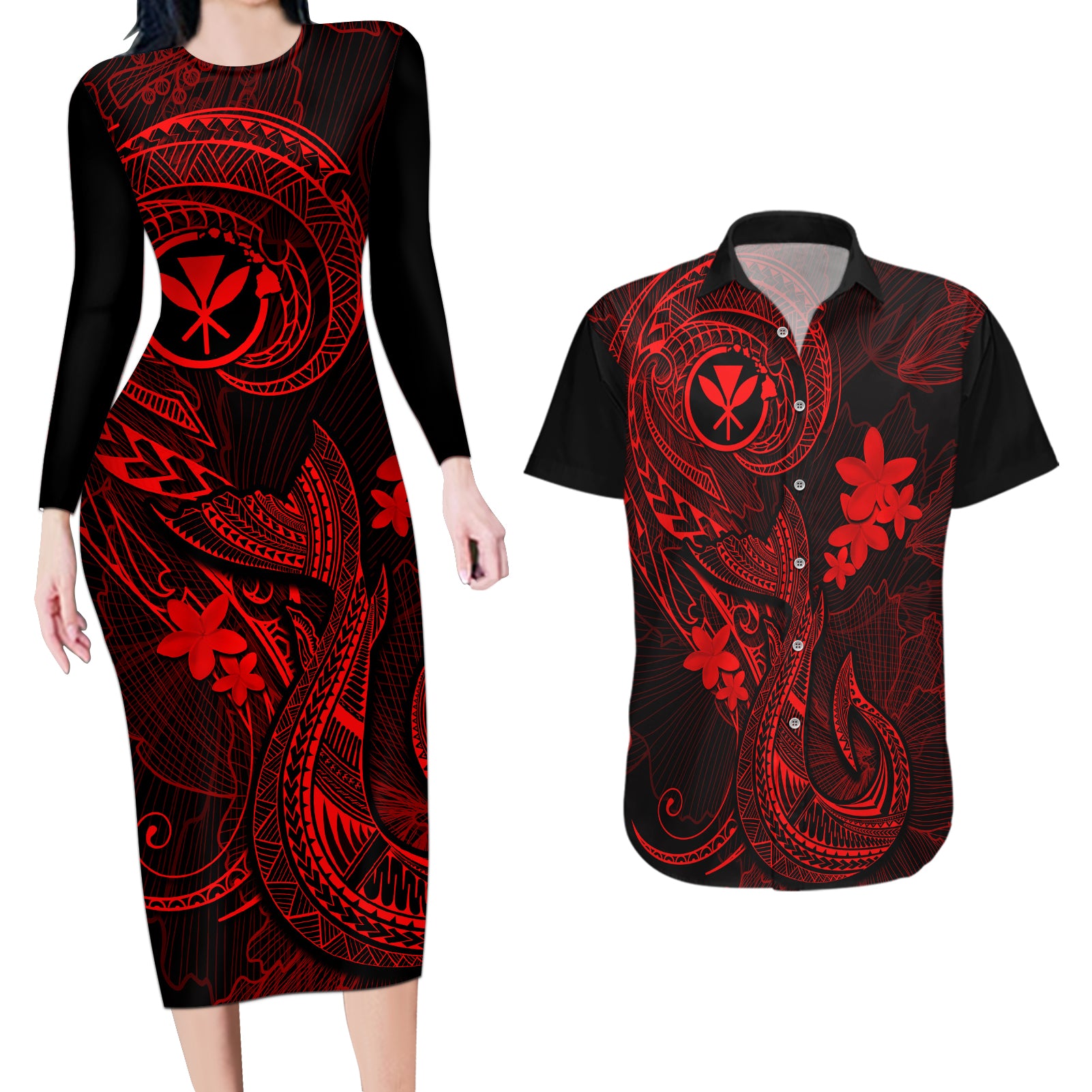 Hawaii Couples Matching Long Sleeve Bodycon Dress and Hawaiian Shirt Fish Hook Tattoo Mix Polynesian Plumeria Red Version LT14 Red - Polynesian Pride