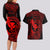 Hawaii Couples Matching Long Sleeve Bodycon Dress and Hawaiian Shirt Fish Hook Tattoo Mix Polynesian Plumeria Red Version LT14 - Polynesian Pride