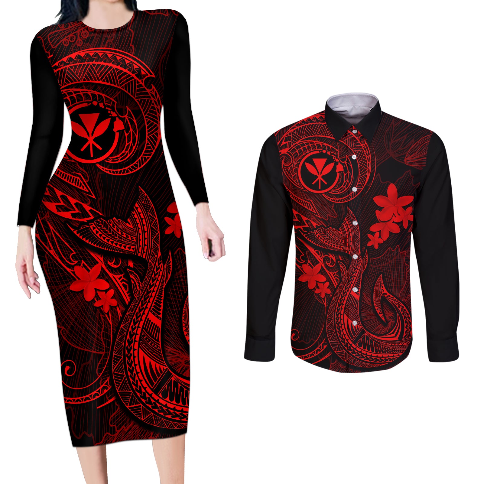 Hawaii Couples Matching Long Sleeve Bodycon Dress and Long Sleeve Button Shirts Fish Hook Tattoo Mix Polynesian Plumeria Red Version LT14 Red - Polynesian Pride