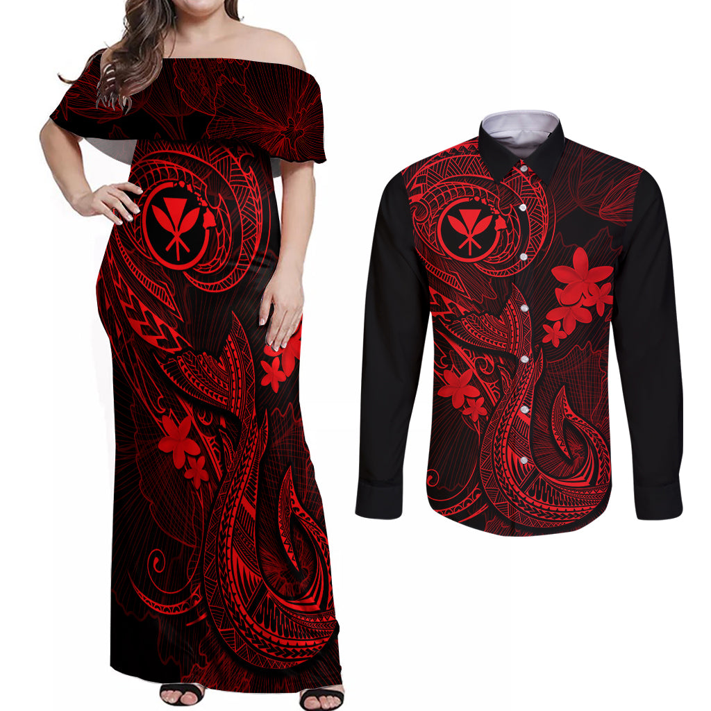 Hawaii Couples Matching Off Shoulder Maxi Dress and Long Sleeve Button Shirts Fish Hook Tattoo Mix Polynesian Plumeria Red Version LT14 Red - Polynesian Pride