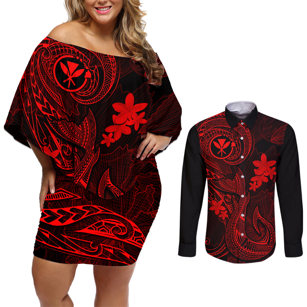 Hawaii Couples Matching Off Shoulder Short Dress and Long Sleeve Button Shirts Fish Hook Tattoo Mix Polynesian Plumeria Red Version LT14 Red - Polynesian Pride