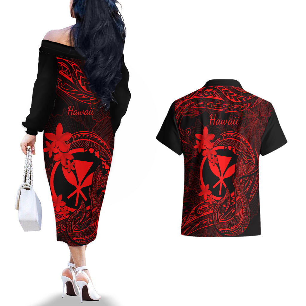 Hawaii Couples Matching Off The Shoulder Long Sleeve Dress and Hawaiian Shirt Fish Hook Tattoo Mix Polynesian Plumeria Red Version LT14 - Polynesian Pride