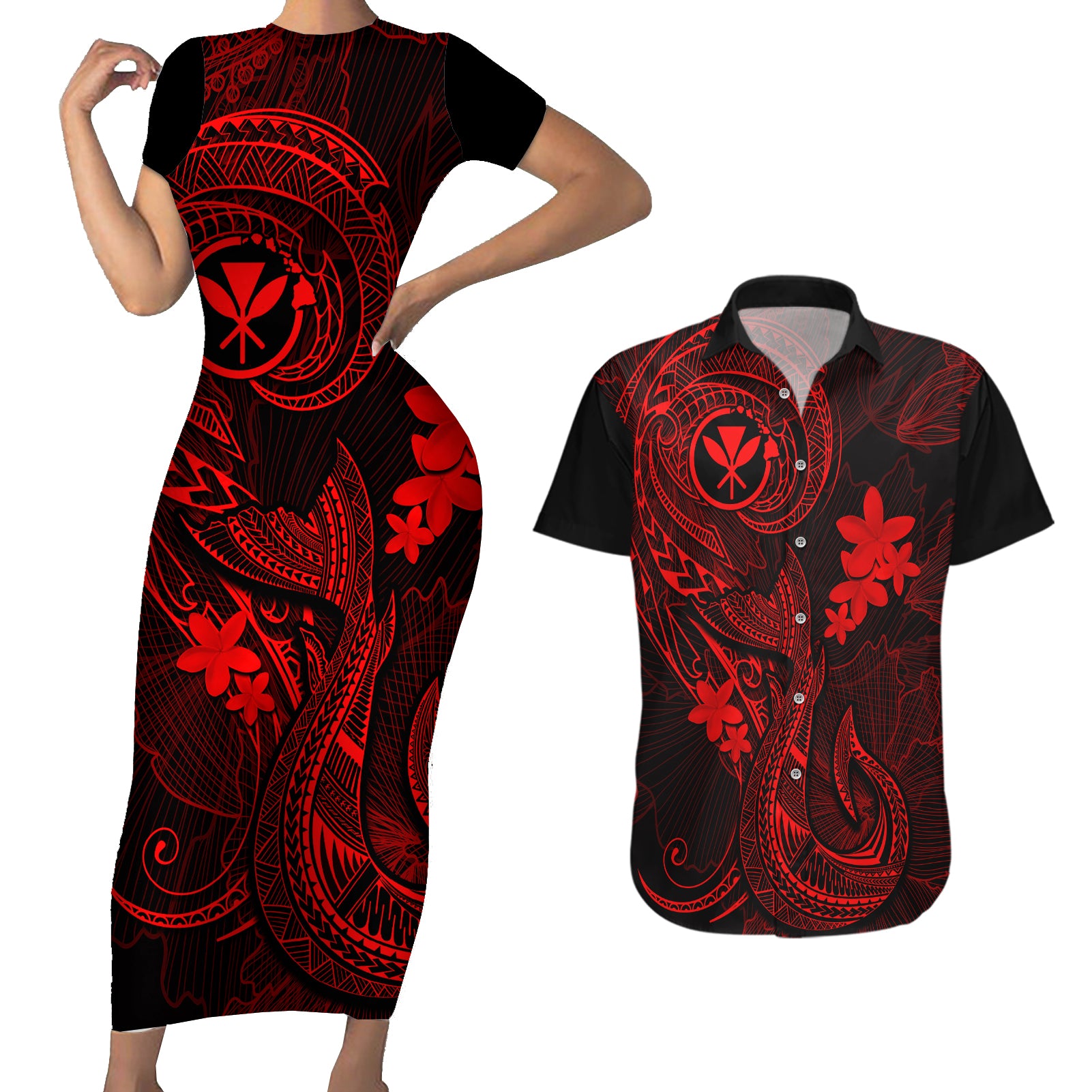 Hawaii Couples Matching Short Sleeve Bodycon Dress and Hawaiian Shirt Fish Hook Tattoo Mix Polynesian Plumeria Red Version LT14 Red - Polynesian Pride