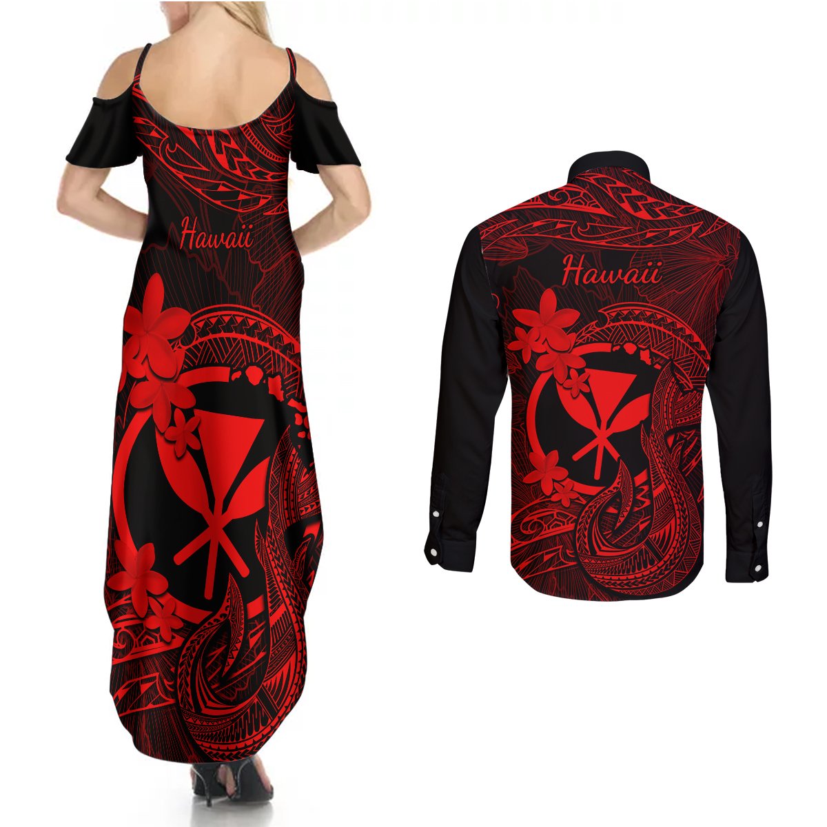 Hawaii Couples Matching Summer Maxi Dress and Long Sleeve Button Shirts Fish Hook Tattoo Mix Polynesian Plumeria Red Version LT14 - Polynesian Pride