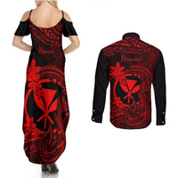 Hawaii Couples Matching Summer Maxi Dress and Long Sleeve Button Shirts Fish Hook Tattoo Mix Polynesian Plumeria Red Version LT14 - Polynesian Pride