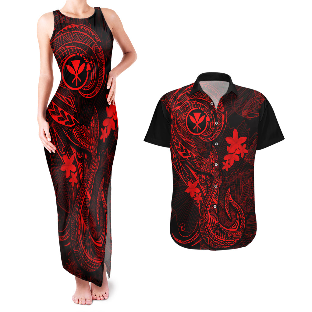 Hawaii Couples Matching Tank Maxi Dress and Hawaiian Shirt Fish Hook Tattoo Mix Polynesian Plumeria Red Version LT14 Red - Polynesian Pride