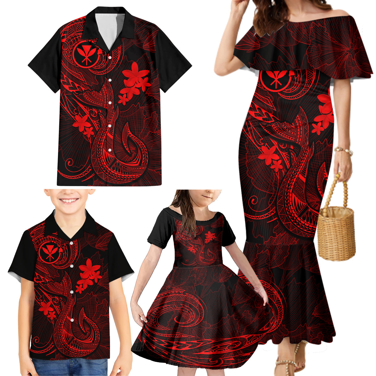 Hawaii Family Matching Mermaid Dress and Hawaiian Shirt Fish Hook Tattoo Mix Polynesian Plumeria Red Version LT14 - Polynesian Pride