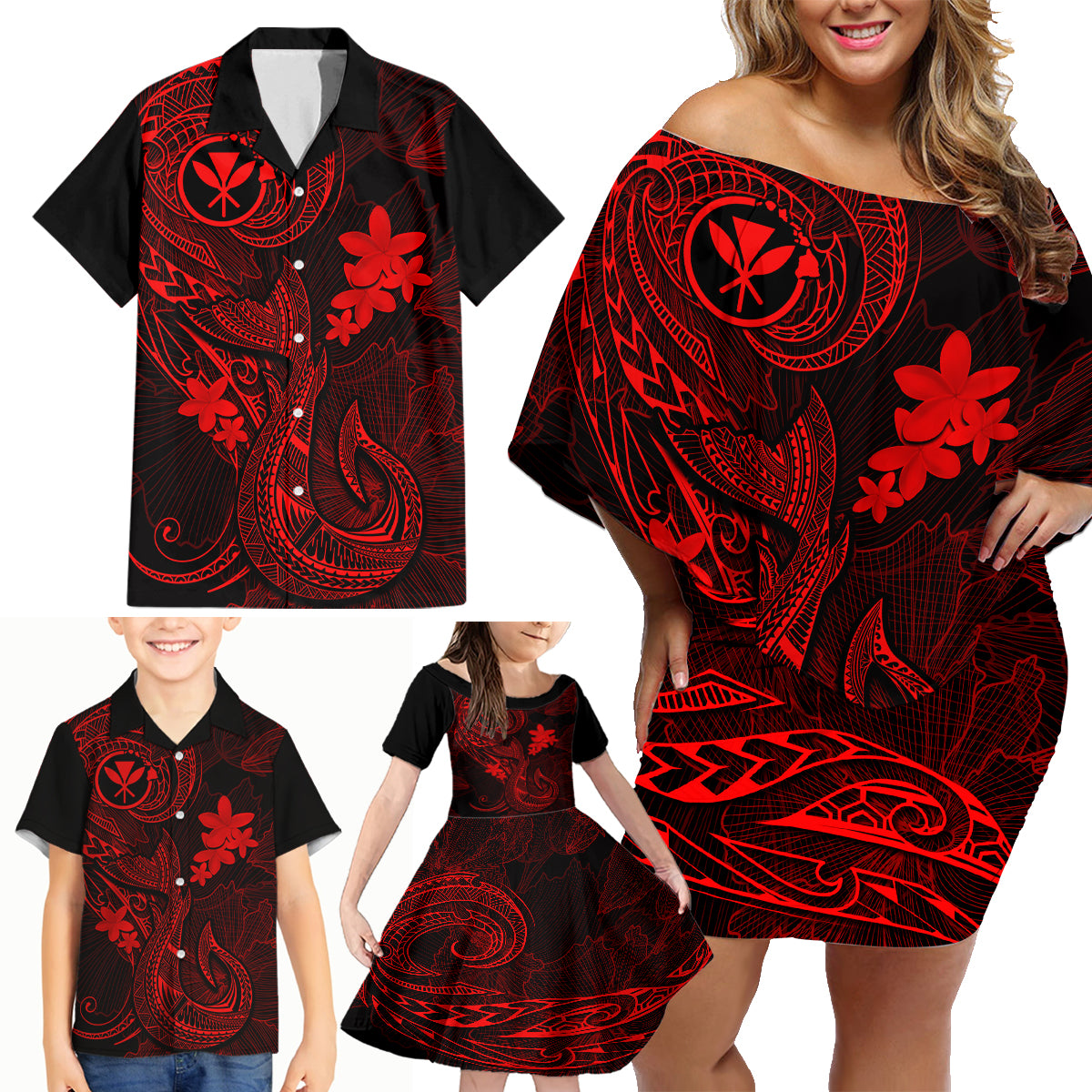 Hawaii Family Matching Off Shoulder Short Dress and Hawaiian Shirt Fish Hook Tattoo Mix Polynesian Plumeria Red Version LT14 - Polynesian Pride