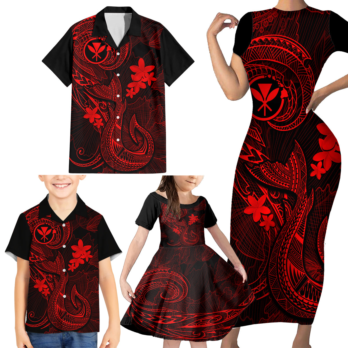 Hawaii Family Matching Short Sleeve Bodycon Dress and Hawaiian Shirt Fish Hook Tattoo Mix Polynesian Plumeria Red Version LT14 - Polynesian Pride