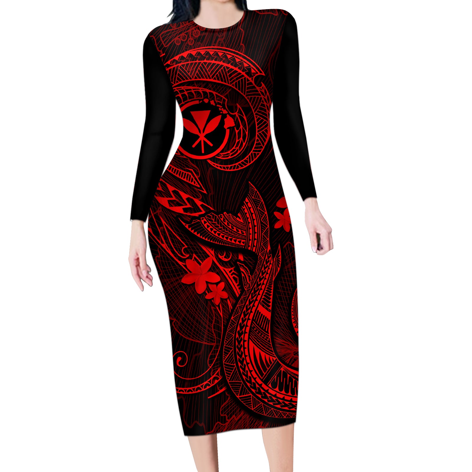 Hawaii Long Sleeve Bodycon Dress Fish Hook Tattoo Mix Polynesian Plumeria Red Version LT14 Long Dress Red - Polynesian Pride