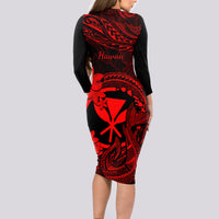 Hawaii Long Sleeve Bodycon Dress Fish Hook Tattoo Mix Polynesian Plumeria Red Version LT14 - Polynesian Pride