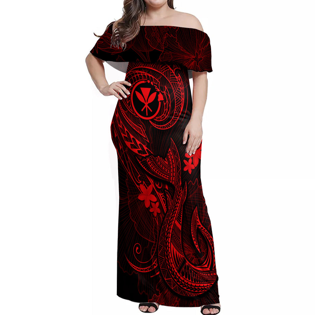 Hawaii Off Shoulder Maxi Dress Fish Hook Tattoo Mix Polynesian Plumeria Red Version LT14 Women Red - Polynesian Pride