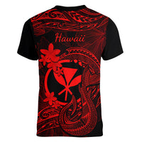 Hawaii Women V Neck T Shirt Fish Hook Tattoo Mix Polynesian Plumeria Red Version LT14 - Polynesian Pride