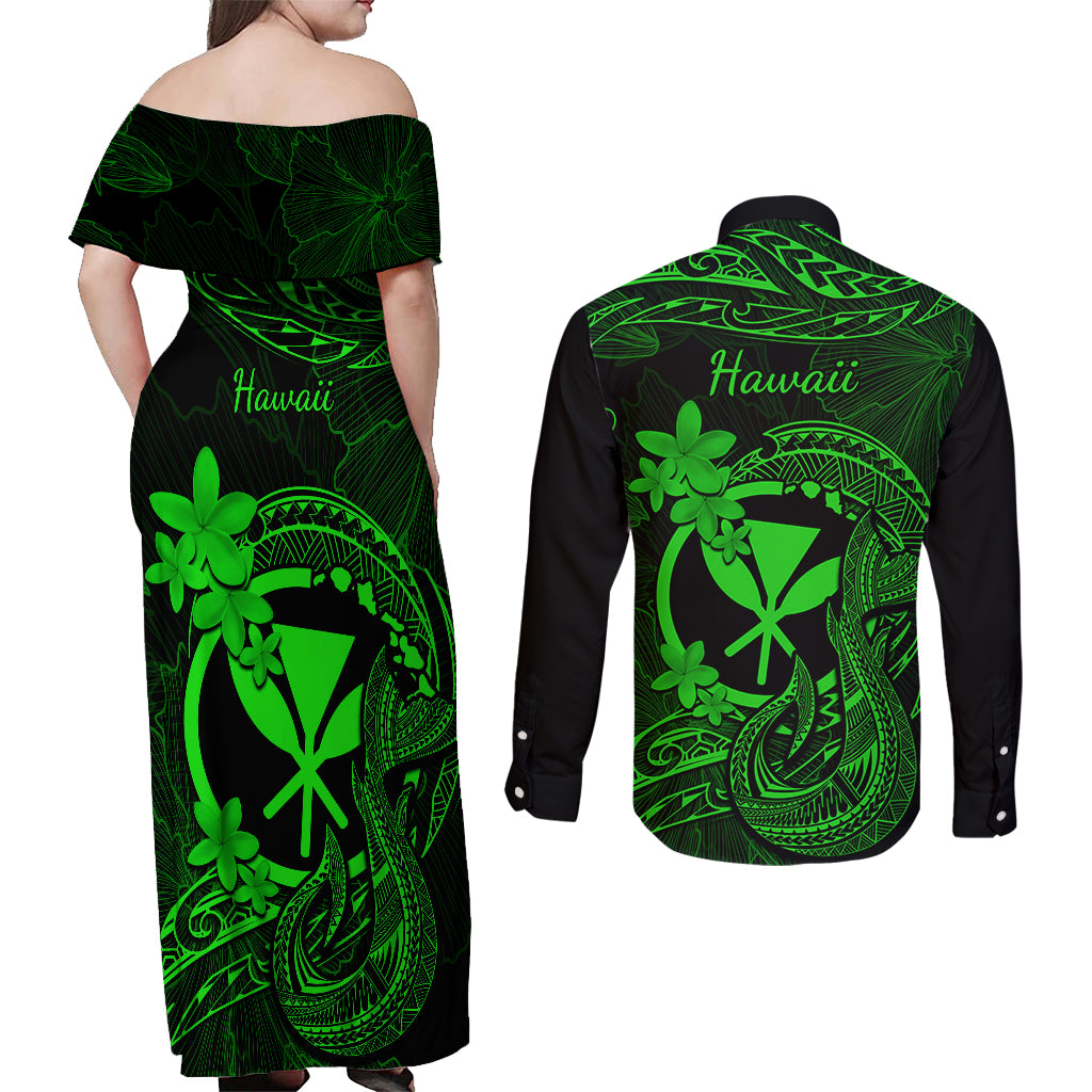Hawaii Couples Matching Off Shoulder Maxi Dress and Long Sleeve Button Shirts Fish Hook Tattoo Mix Polynesian Plumeria Green Version LT14 - Polynesian Pride