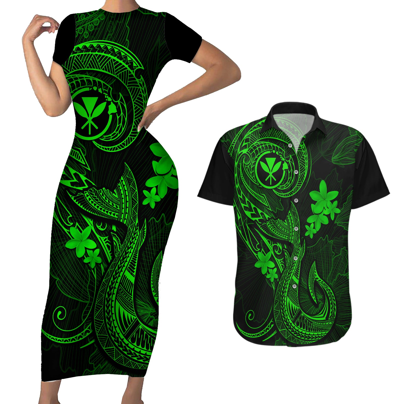 Hawaii Couples Matching Short Sleeve Bodycon Dress and Hawaiian Shirt Fish Hook Tattoo Mix Polynesian Plumeria Green Version LT14 Green - Polynesian Pride