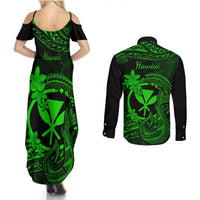 Hawaii Couples Matching Summer Maxi Dress and Long Sleeve Button Shirts Fish Hook Tattoo Mix Polynesian Plumeria Green Version LT14 - Polynesian Pride
