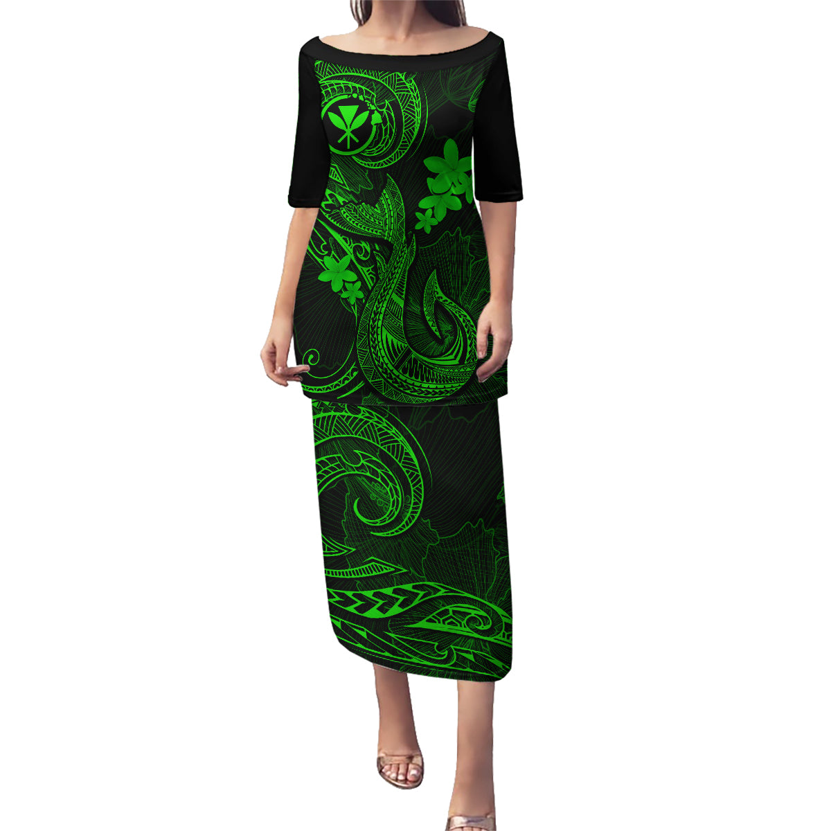 Hawaii Family Matching Puletasi Dress and Hawaiian Shirt Fish Hook Tattoo Mix Polynesian Plumeria Green Version LT14 Mom's Dress Green - Polynesian Pride