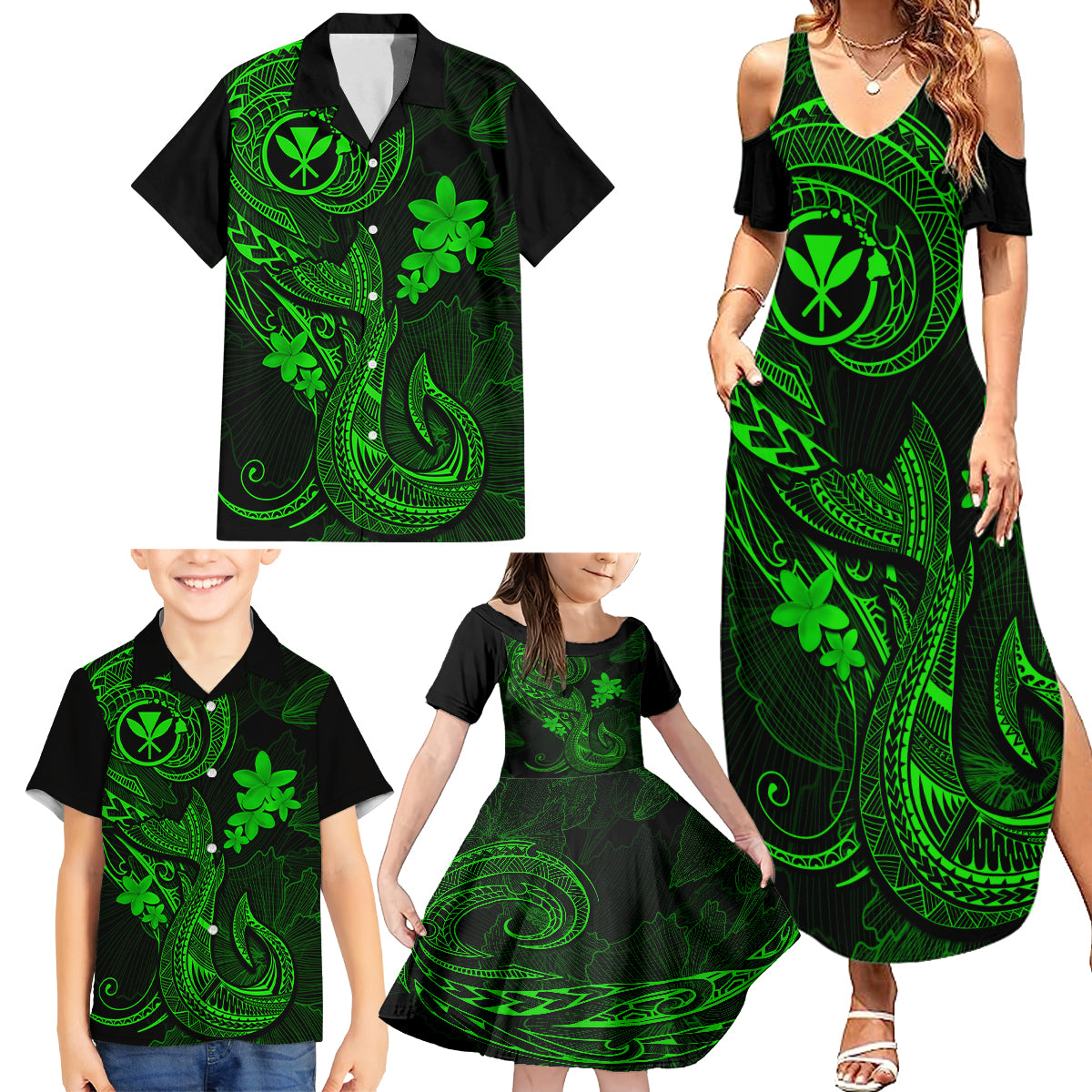 Hawaii Family Matching Summer Maxi Dress and Hawaiian Shirt Fish Hook Tattoo Mix Polynesian Plumeria Green Version LT14 - Polynesian Pride