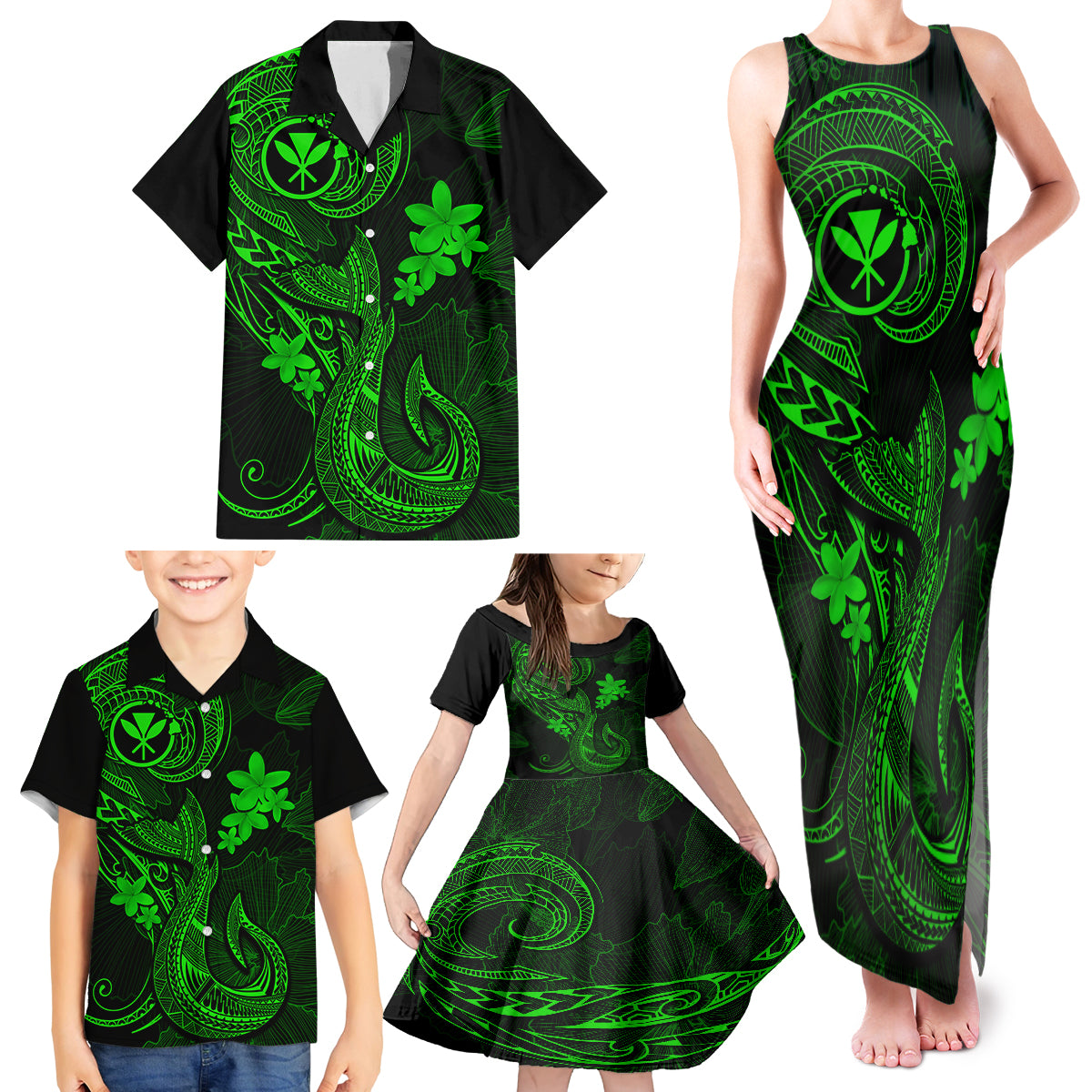 Hawaii Family Matching Tank Maxi Dress and Hawaiian Shirt Fish Hook Tattoo Mix Polynesian Plumeria Green Version LT14 - Polynesian Pride