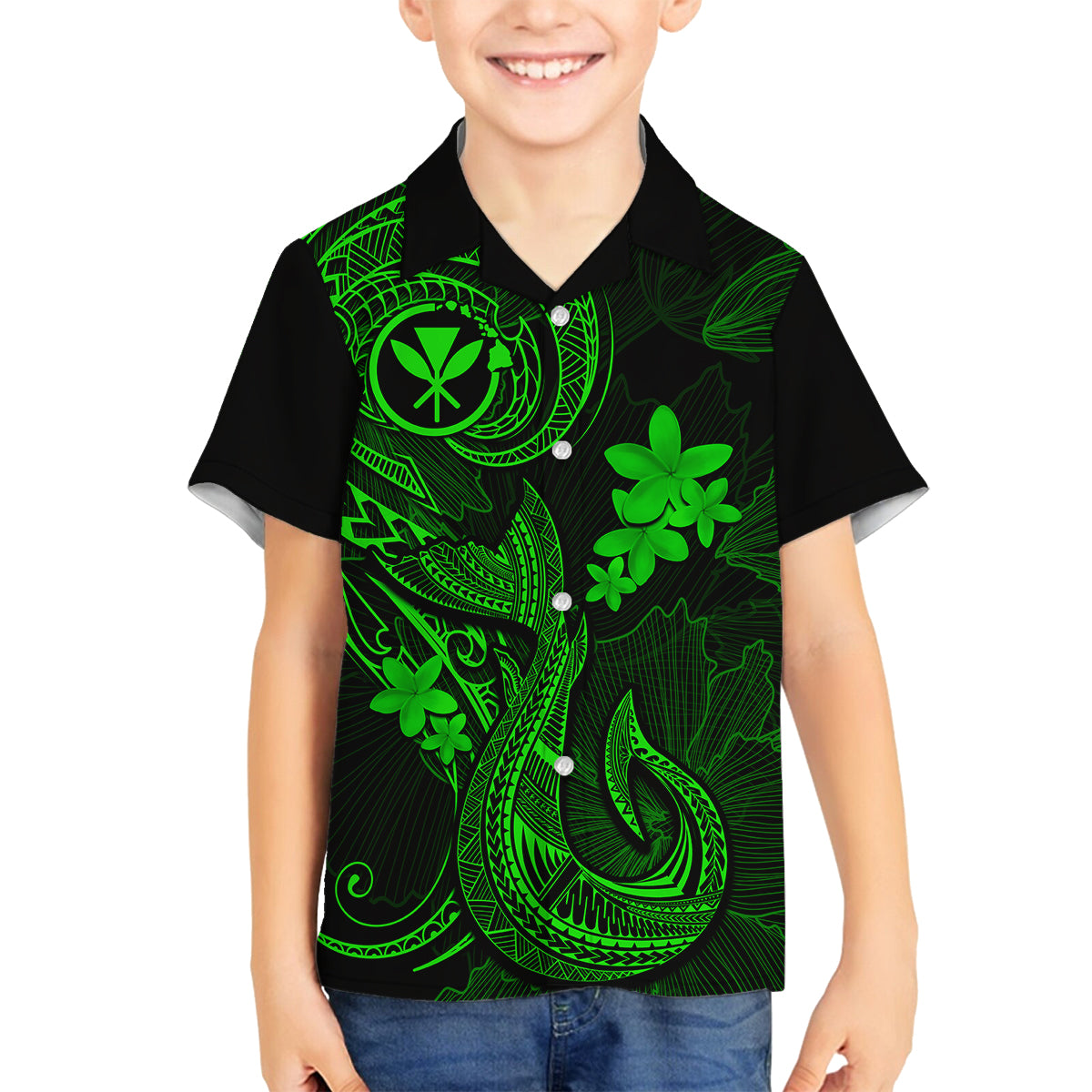 Hawaii Kid Hawaiian Shirt Fish Hook Tattoo Mix Polynesian Plumeria Green Version LT14 - Polynesian Pride