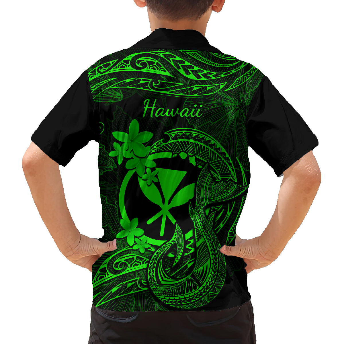 Hawaii Kid Hawaiian Shirt Fish Hook Tattoo Mix Polynesian Plumeria Green Version LT14 - Polynesian Pride