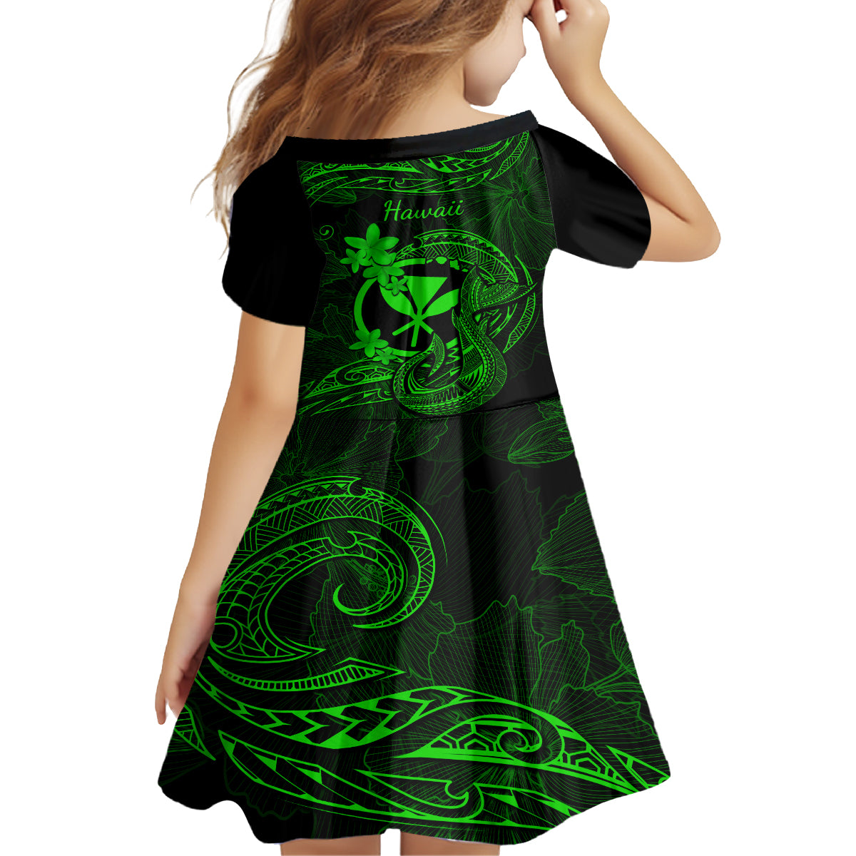 Hawaii Kid Short Sleeve Dress Fish Hook Tattoo Mix Polynesian Plumeria Green Version LT14 - Polynesian Pride