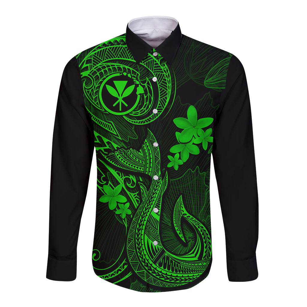 Hawaii Long Sleeve Button Shirt Fish Hook Tattoo Mix Polynesian Plumeria Green Version LT14 Unisex Green - Polynesian Pride