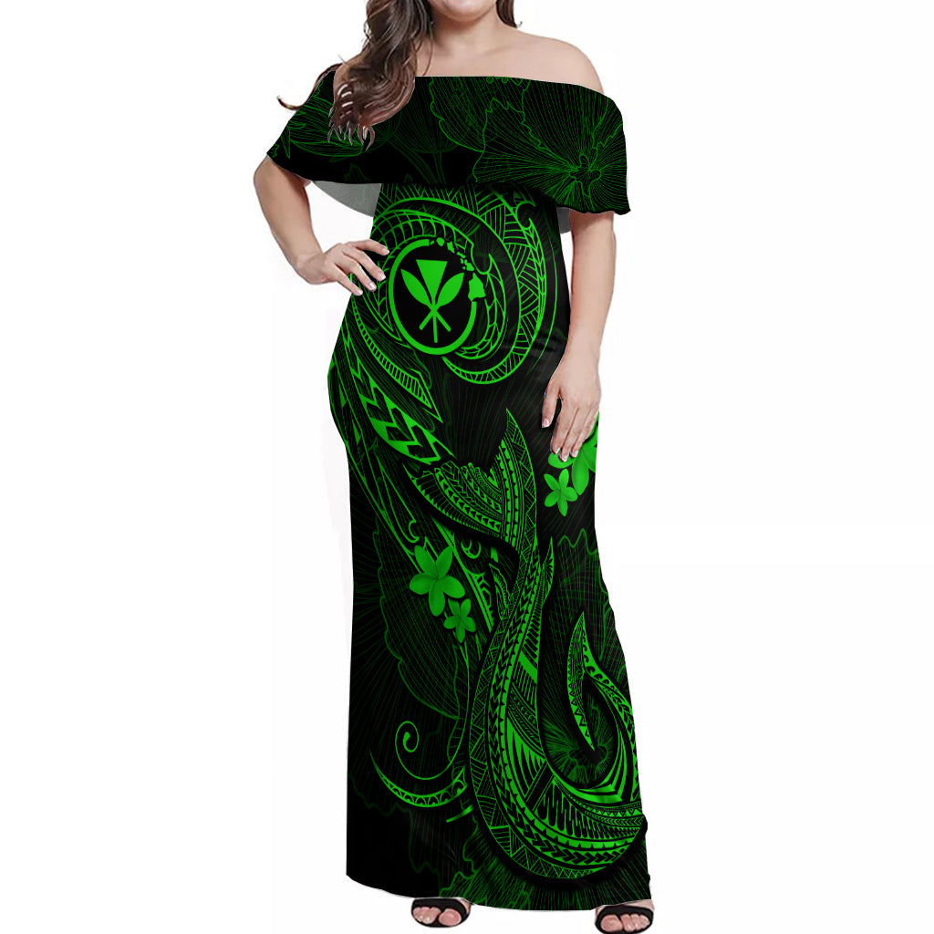 Hawaii Off Shoulder Maxi Dress Fish Hook Tattoo Mix Polynesian Plumeria Green Version LT14 Women Green - Polynesian Pride