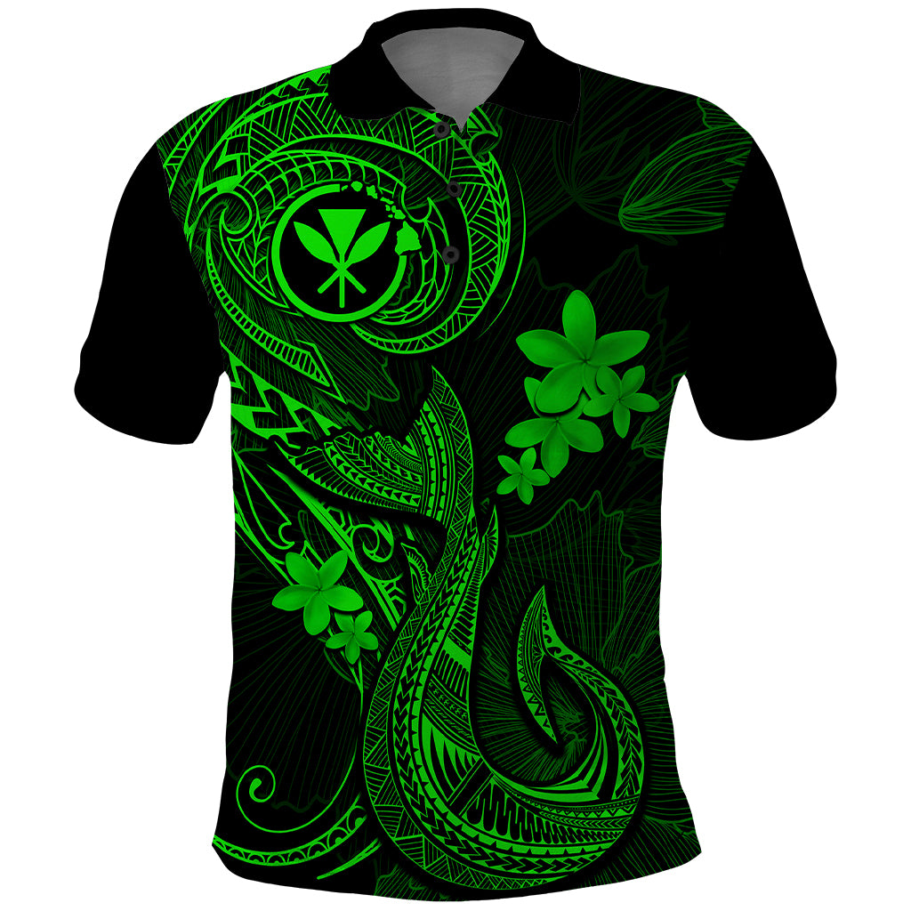 Hawaii Polo Shirt Fish Hook Tattoo Mix Polynesian Plumeria Green Version LT14 Green - Polynesian Pride