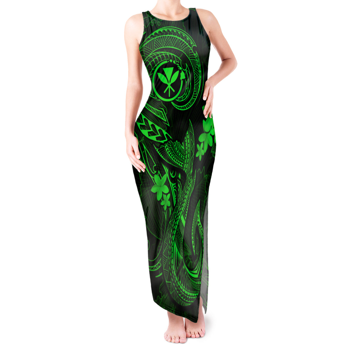 Hawaii Tank Maxi Dress Fish Hook Tattoo Mix Polynesian Plumeria Green Version LT14 Women Green - Polynesian Pride