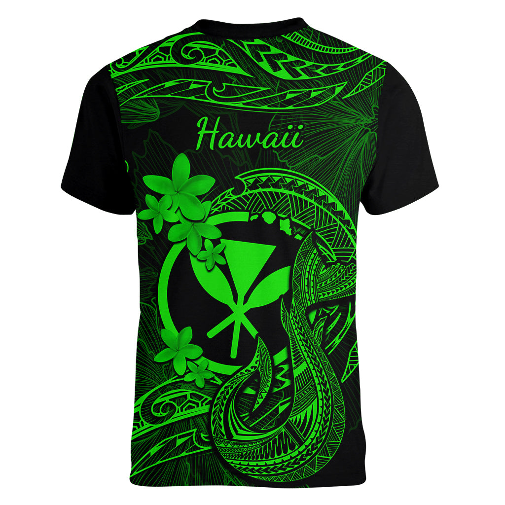 Hawaii Women V Neck T Shirt Fish Hook Tattoo Mix Polynesian Plumeria Green Version LT14 - Polynesian Pride