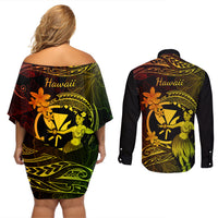 Hawaii Couples Matching Off Shoulder Short Dress and Long Sleeve Button Shirts Hula Girl Mix Polynesian Plumeria Reggae Version LT14 - Polynesian Pride