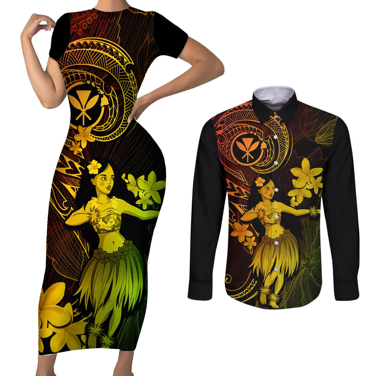 Hawaii Couples Matching Short Sleeve Bodycon Dress and Long Sleeve Button Shirts Hula Girl Mix Polynesian Plumeria Reggae Version LT14 Reggae - Polynesian Pride