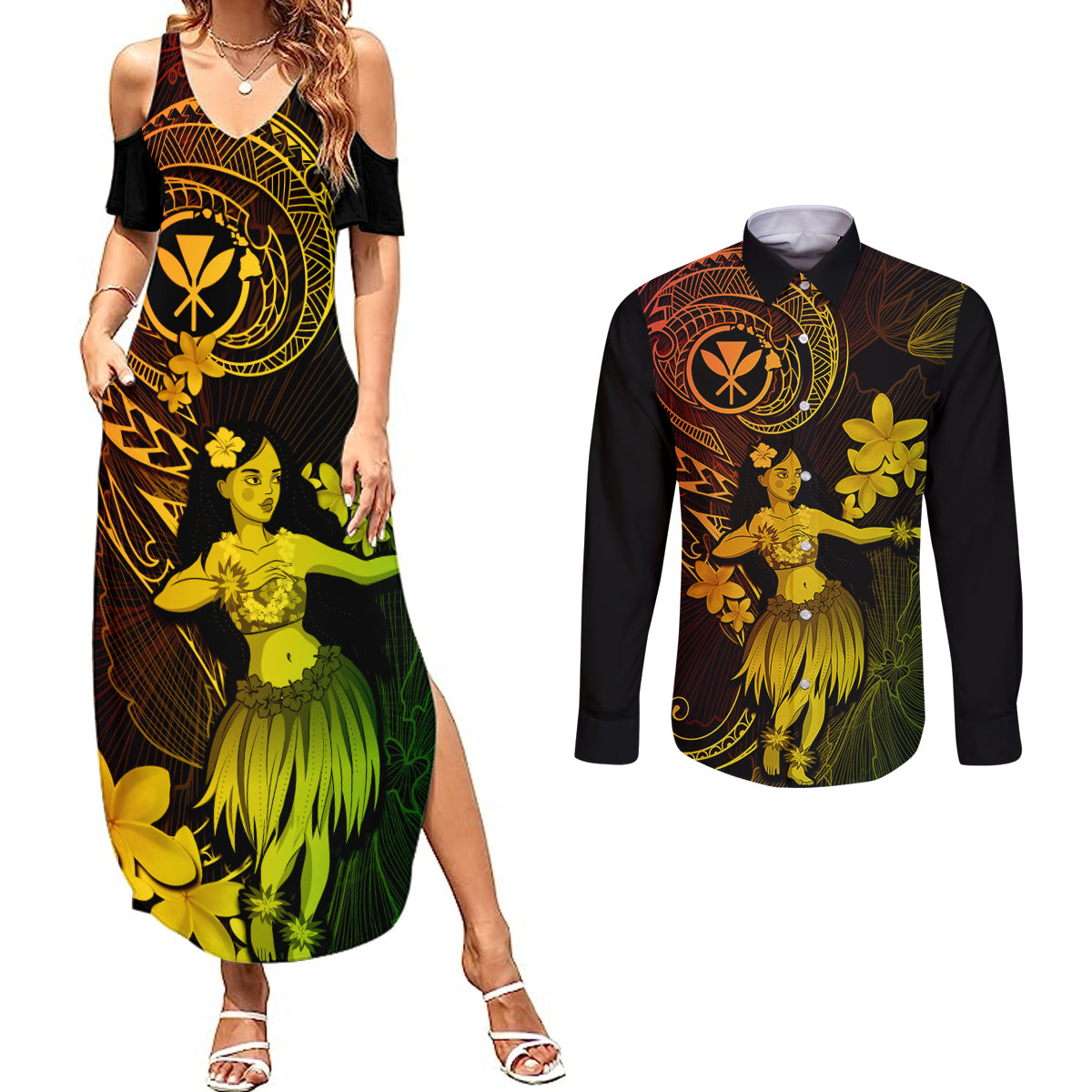 Hawaii Couples Matching Summer Maxi Dress and Long Sleeve Button Shirts Hula Girl Mix Polynesian Plumeria Reggae Version LT14 Reggae - Polynesian Pride