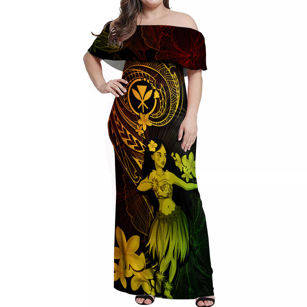 Hawaii Off Shoulder Maxi Dress Hula Girl Mix Polynesian Plumeria Reggae Version LT14 Women Reggae - Polynesian Pride