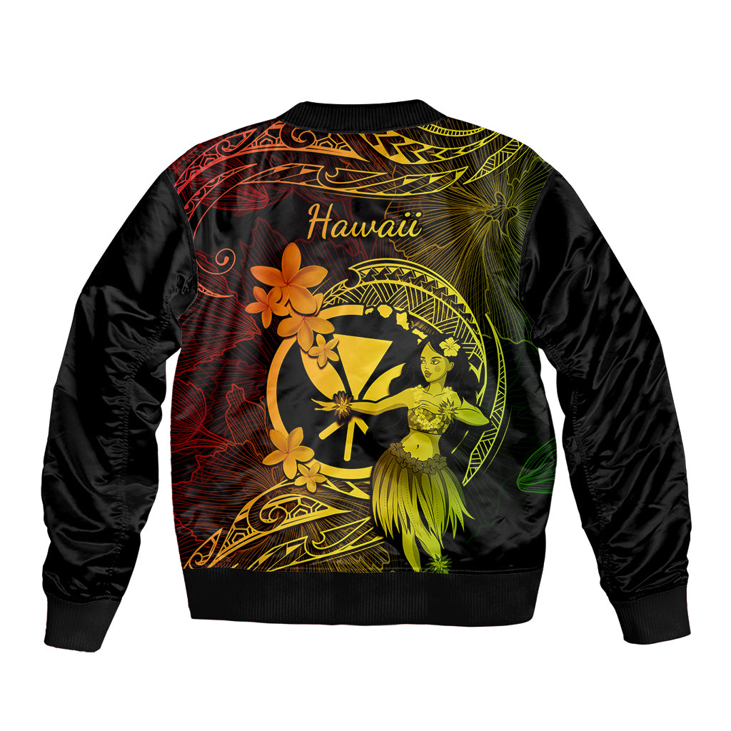 Hawaii Sleeve Zip Bomber Jacket Hula Girl Mix Polynesian Plumeria Reggae Version LT14 - Polynesian Pride