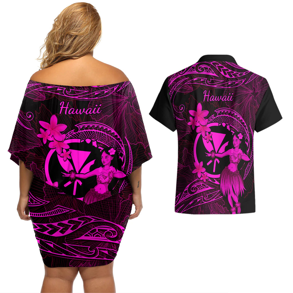 Hawaii Couples Matching Off Shoulder Short Dress and Hawaiian Shirt Hula Girl Mix Polynesian Plumeria Pink Version LT14 - Polynesian Pride