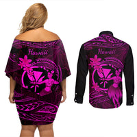 Hawaii Couples Matching Off Shoulder Short Dress and Long Sleeve Button Shirts Hula Girl Mix Polynesian Plumeria Pink Version LT14 - Polynesian Pride