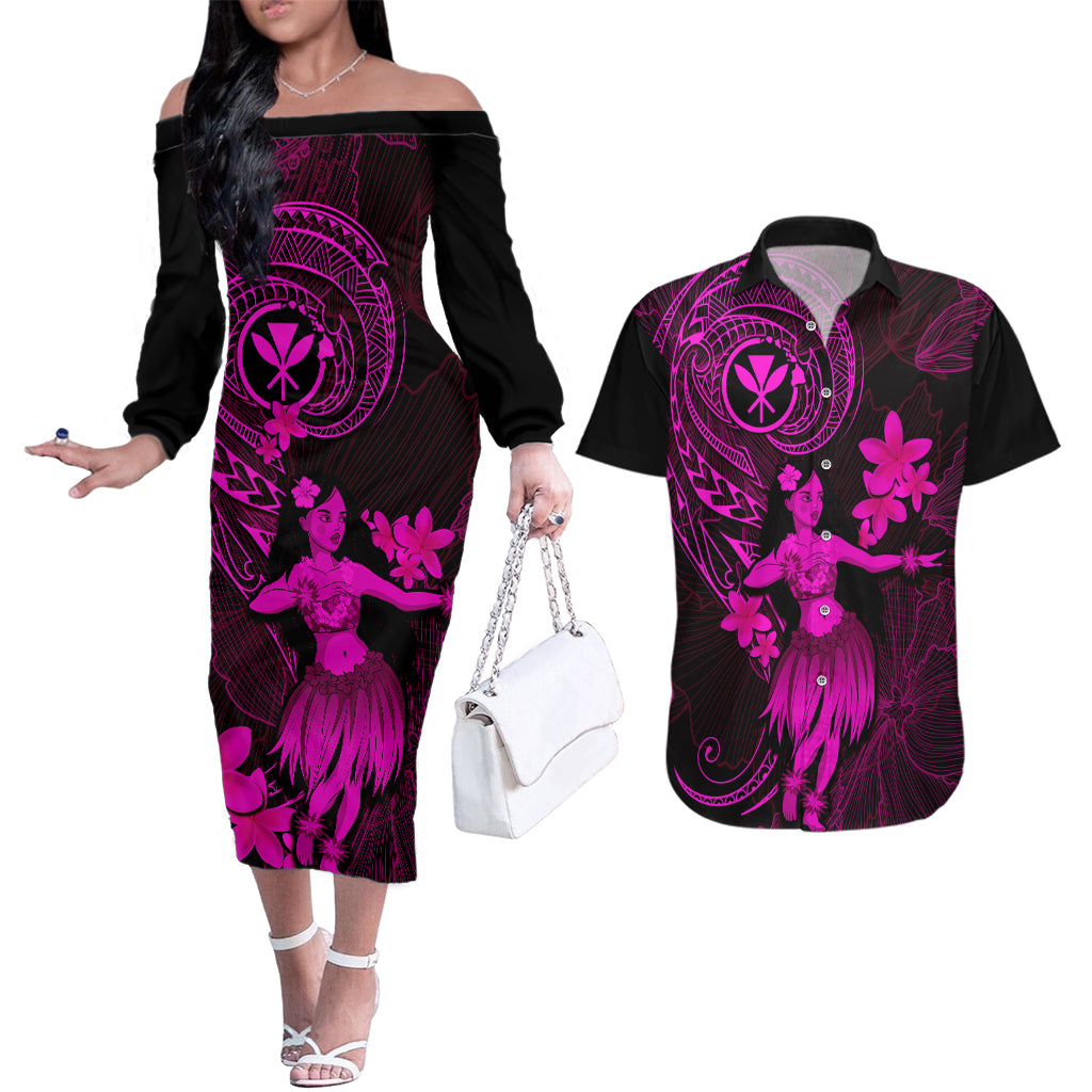 Hawaii Couples Matching Off The Shoulder Long Sleeve Dress and Hawaiian Shirt Hula Girl Mix Polynesian Plumeria Pink Version LT14 Pink - Polynesian Pride
