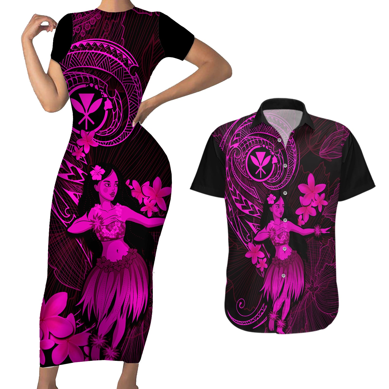 Hawaii Couples Matching Short Sleeve Bodycon Dress and Hawaiian Shirt Hula Girl Mix Polynesian Plumeria Pink Version LT14 Pink - Polynesian Pride