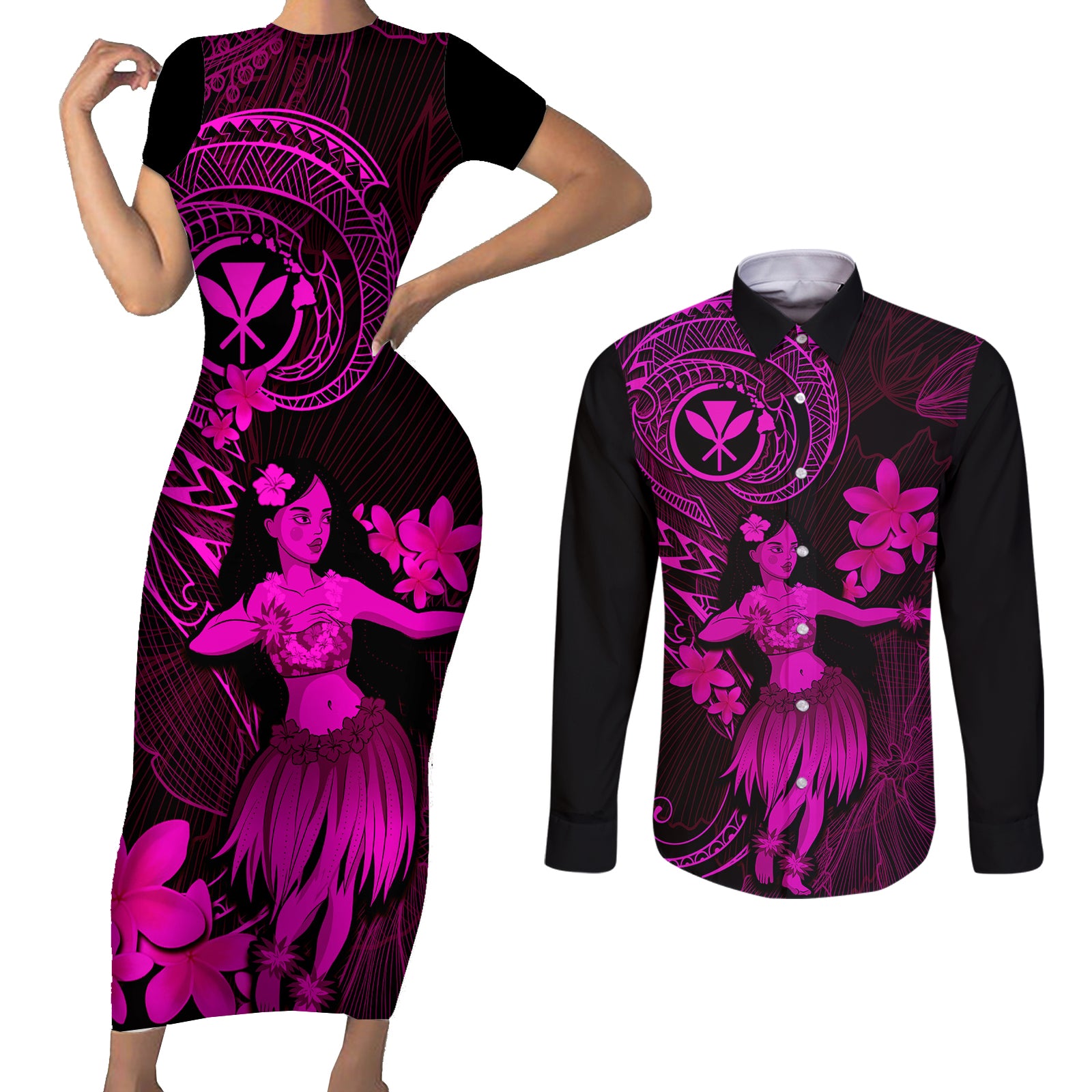 Hawaii Couples Matching Short Sleeve Bodycon Dress and Long Sleeve Button Shirts Hula Girl Mix Polynesian Plumeria Pink Version LT14 Pink - Polynesian Pride