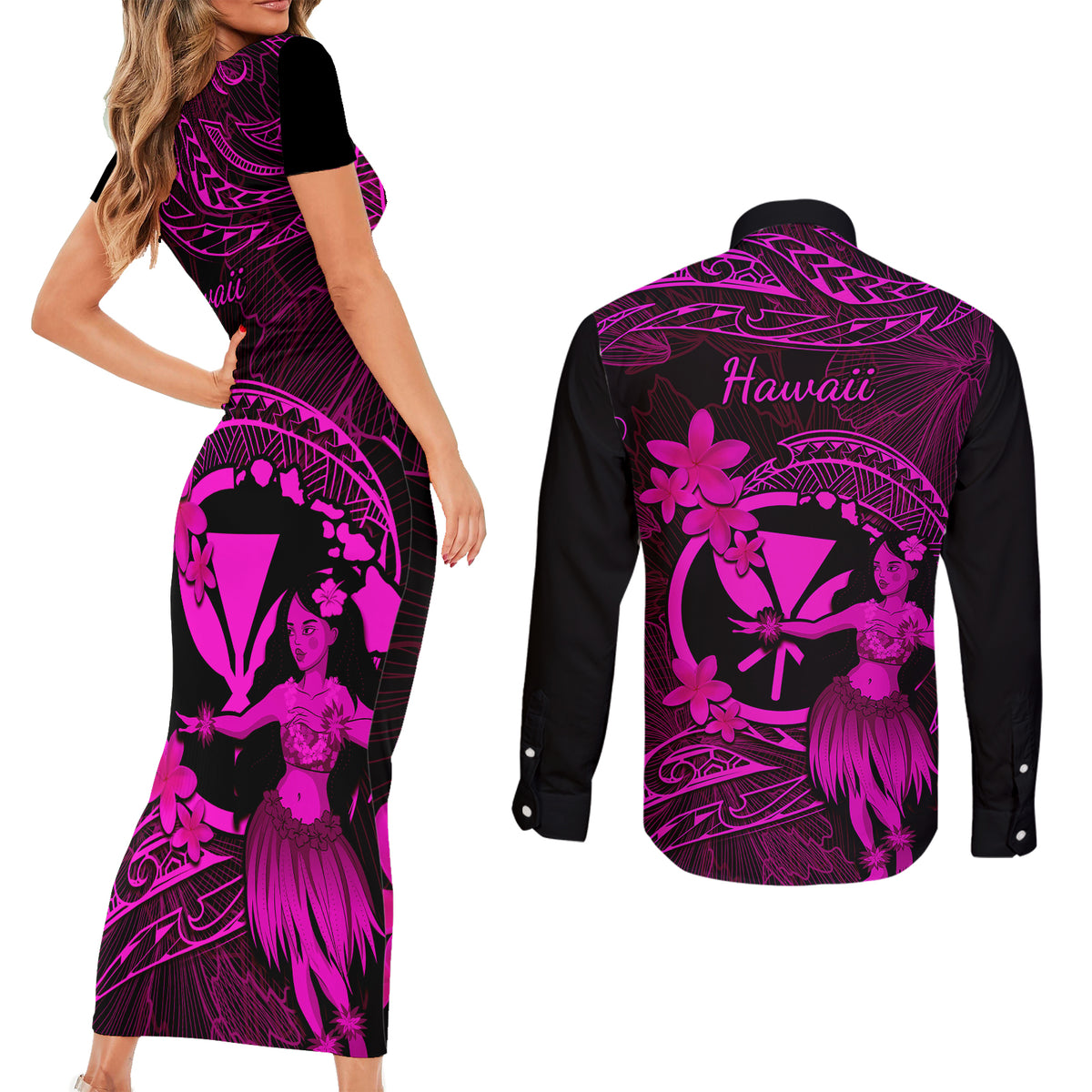 Hawaii Couples Matching Short Sleeve Bodycon Dress and Long Sleeve Button Shirts Hula Girl Mix Polynesian Plumeria Pink Version LT14 - Polynesian Pride