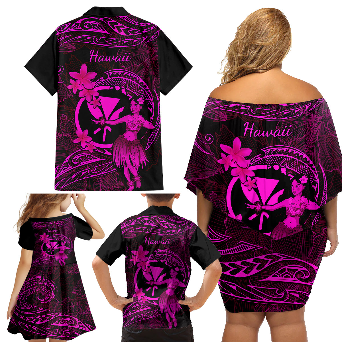Hawaii Family Matching Off Shoulder Short Dress and Hawaiian Shirt Hula Girl Mix Polynesian Plumeria Pink Version LT14 - Polynesian Pride