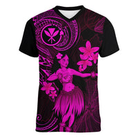 Hawaii Women V Neck T Shirt Hula Girl Mix Polynesian Plumeria Pink Version LT14 Female Pink - Polynesian Pride