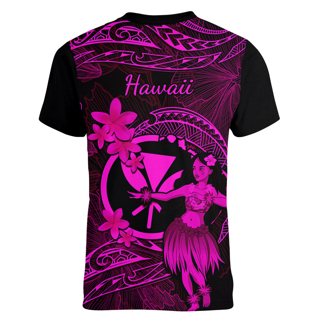 Hawaii Women V Neck T Shirt Hula Girl Mix Polynesian Plumeria Pink Version LT14 - Polynesian Pride